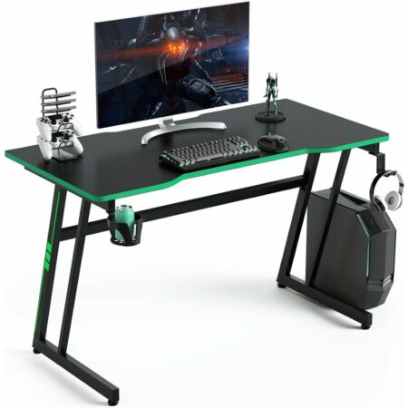 Computer Desk, 120cm Study Table Writing Workstation with Headphone Hook, Cup Holder and Game Handle Rack, Z-Shaped pc Laptop Table Working Gaming