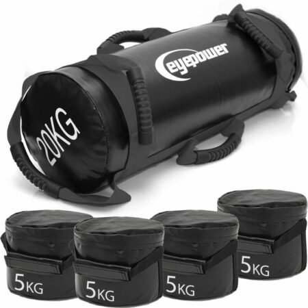 Eyepower - 20kg Weight Bag + 4 Kettlebell Sandbag Weights - 20x60 Power Bag with Iron Sand - schwarz