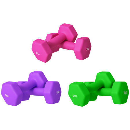 SPORTNOW Set of 6 Hex Dumbbells, Weights Pair with Non-Slip Grip, Training Equipment, 2 x 3kg, 2 x 4kg, 2 x 5kg, Pink, Purple, Green Aosom UK