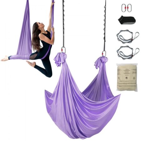 Aerial Yoga slynge & gynge, 4,4 yards. Yoga startpakke med nylonstof og riggear. Antigravity træning for alle niveauer. Lilla farve.