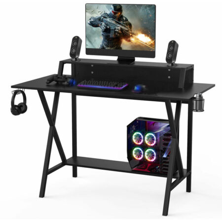 Gaming Computer Desk with Cup Holder, Headphone Hook, Monitor Stand and Storage Shelves, X-Shaped Racing Style E-Sports pc Gamer Table, Ergonomic