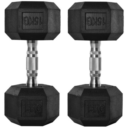 HOMCOM 2x15kg Rubber Hex Dumbbell Portable Hand Weights Dumbbell Home Gym Workout Fitness Hand Dumbbell