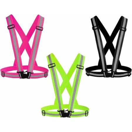 Langray - 3Pack Reflective Vest Running Gear, Adjustable Safety Vests High Visible Reflective Belt Straps - Green+Pink+Black