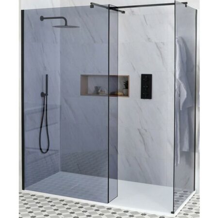 Milano - Nero-Luna - Corner Walk In Frameless Wet Room Shower Enclosure with Smoked Glass Screens and Hinged Return Panel, Support Arms and 1700mm x