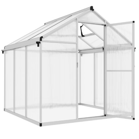 Outsunny 6 x 6ft Polycarbonate Greenhouse with Rain Gutters, Large Walk-In Green House with Window, Garden Plants Grow House with Aluminium