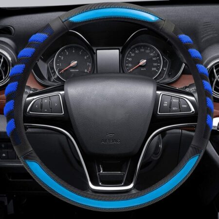 Sport style steering wheel cover. Blue leather with black grip, universal 14.5-15.25 inch steering wheel