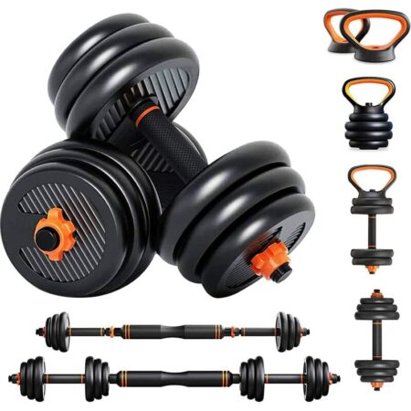 YOLEO 20KG Adjustable Dumbbell Set with Barbell Kettlebell, 6 in 1 Free Weight Set for Men/Women, Weight Bodybuilding at Home, Gym, Office Training